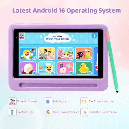 Image of Kids Tablet with Shockproof Case Stylus, Android 16 Tablet for Kids, 24GB RAM 128GB ROM 1TB TF Card Expand, Parental Control, Eye Protection, Dual Camera, 7 inch Tablet, WiFi 6 BT5.4, Purple