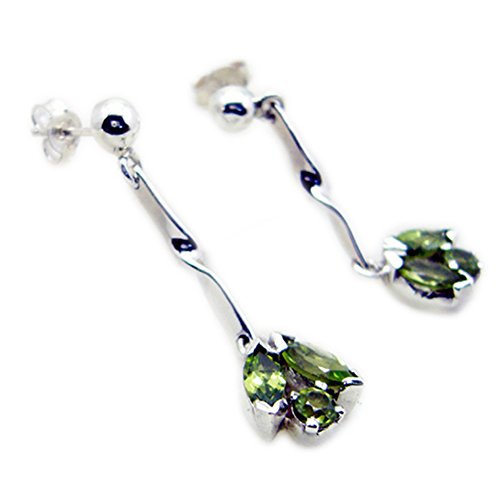 Péridot véritable : boucles d'oreilles pendantes argent 925 de forme ronde avec fermoir push