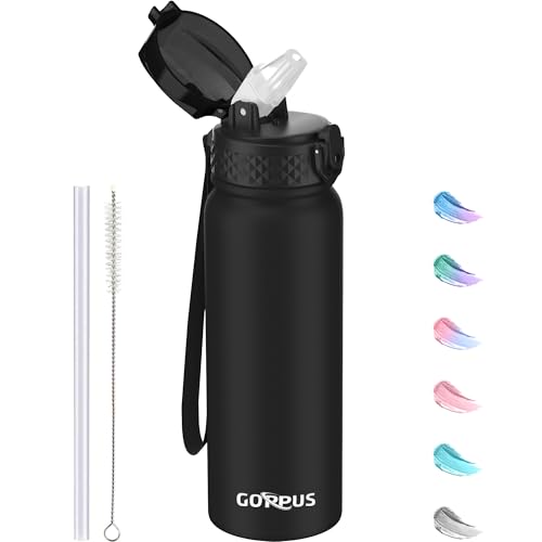 GOPPUS 600ml/20oz Stainless Water Bottle with Straw Double Wall Insulated Bottles with Strap One Hand Open Vacuum Thermal Flask Leakproof Keep Cold Drinks Bottles BPA Free for Adults (Black)