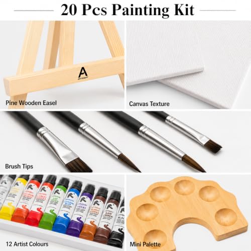 Image of Professional Painting Kit 20pcs, Paintbrush 4, Colours 12, Mini Palette 1, Canvas Board 2, Pine Wooden Mini Easel 1, Canvas Board 4x4 inch, Ideal for Begginners, Kids & Adults