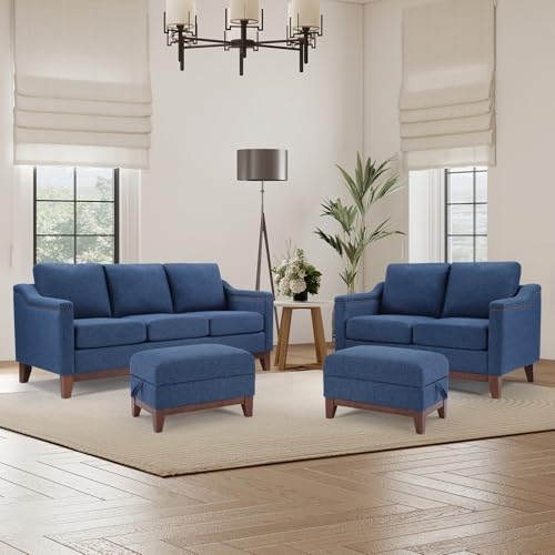 Image of HAOMARKETS 4 Piece Chenille Sofa Set with Nailhead Trim, Included Loveseat 2-Seater Sofa with Thicked Cushion, 3-Seater couches and 2 Storage Ottoman with Flip-Top Table for Living Room,Blue
