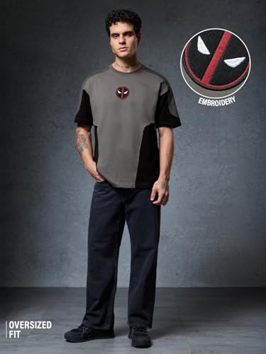 Image of The Souled Store Deadpool: Logo Men and Boys Short Sleeves Round Neck Grey Embroidered Casual Streetwear Lightweight Cotton Oversized T-Shirt
