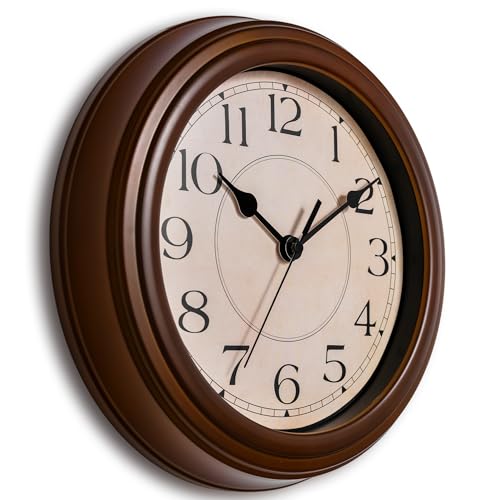 Image of KECYET Wall Clock, 9 Inch Silent Battery Operated Non-Ticking Wall Clock Classic Decorative for Living Room, Kitchen,Office, Bedrooms(Brown)