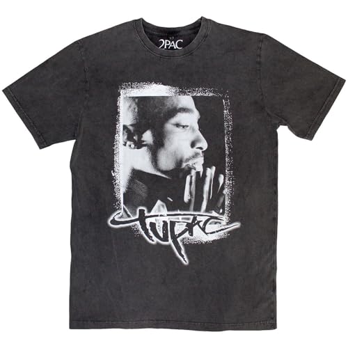 Rock Off officially licensed products Men's Tupac Spray Photo Stone Wash T-Shirt Large Charcoal Grey