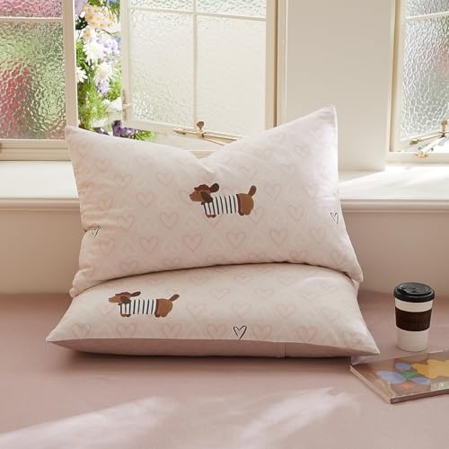 Image of Dachshund Duvet Cover Full Size Brown Dog Puppy White Pink Heart Reversible Comforter Cover Set 3 Pcs Kids Cute Soft Lightweight Microfiber Bedding Set with Zipper Closure and 2 Pillowcases
