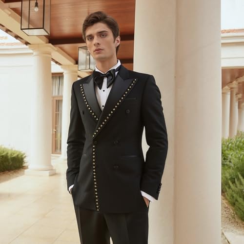 Men's Black Blazer with Gold Bead Embellishments Double Peaked Lapel Dual Vents3