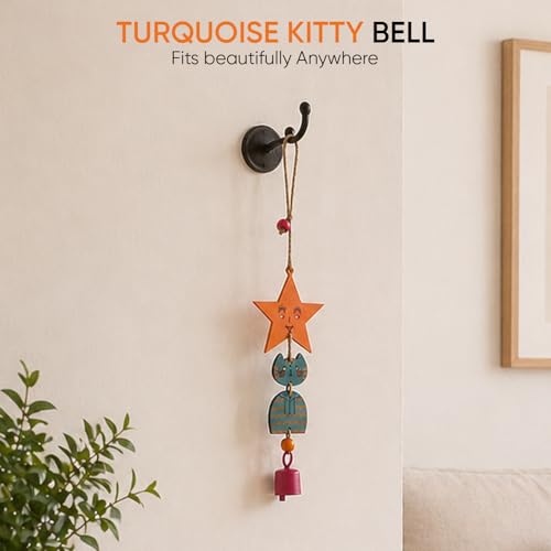 Image of Aakriti Art Creations Turquoise Kitty Wind Chime Multicolor | Handmade Modern Art Wooden & Metal Wind Chime | Matte Decorative Wind Chimes for Balcony, Garden, Living Room & Gifting