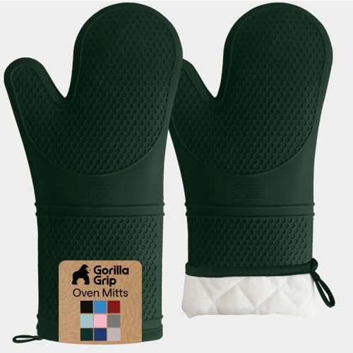 Image of GORILLA GRIP BPA-Free Soft Silicone Oven Mitts, 14.5x8.3, Heat Resistant and Waterproof Cooking Gloves, Thick Cotton Lining, Flexible Gripping for Baking Grilling, Kitchen Potholders Set, Hunter Green