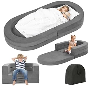 Travel Toddler Bed, 3-in-1 Portable Foldable Toddler Chair,Soft Foam Floor Bed Lounger with Washable Cover,Grey