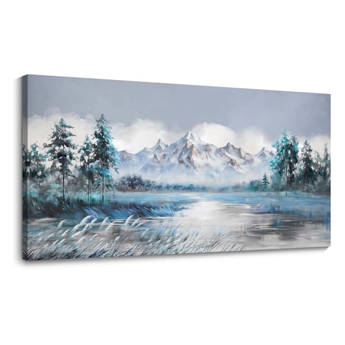 JEAWA Lienzo grande para pared, cuadro de paisaje de Natuer, pintura de lago de montaña nevada y árbol como regalo para la familia, impresiones artísticas azules y blancas para sala de estar