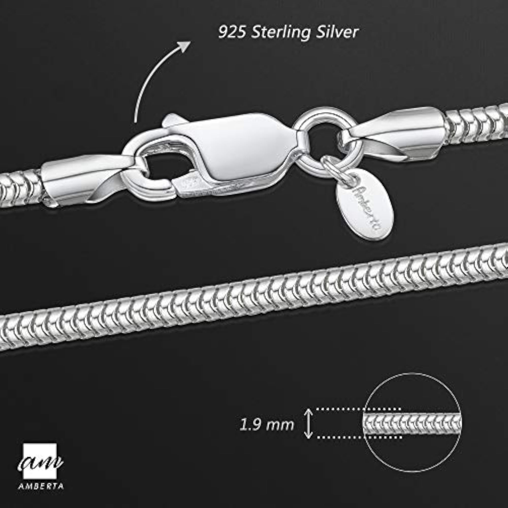 Women's 925 Sterling Silver Snake Chain Bracelet, 1.9mm
