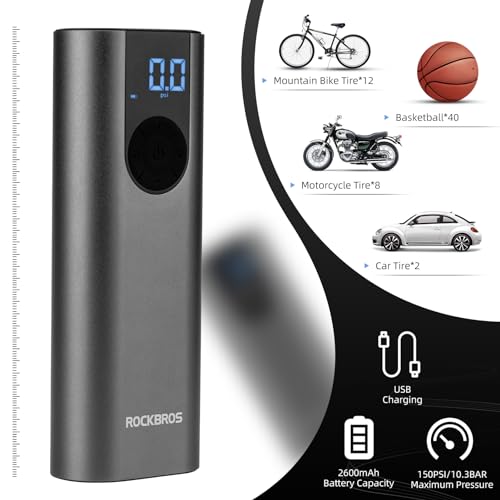 Image of ROCKBROS Air Pump Portable Cordless Tire Inflator 150 PSI 2600mAh Battery Powered Air Compressor with Tire Pressure Gauge for Car,Bicycle, Motorcycle, Ball and More