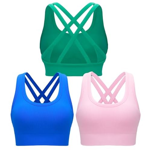 RUNNING GIRL Sports Bra for Women High Support, Criss-Cross Back Padded Strappy Sports Bras Yoga Bra with Removable Cups 1-blue+pink+green X-Large
