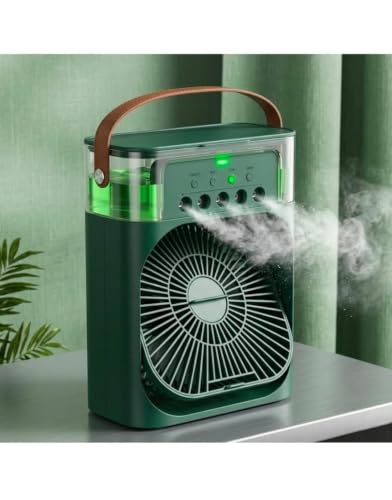 Image of Portable Mini Air Cooler Fan with Water Mist Spray | 3 Wind Speeds | 600ml Tank | 7 Colour LED Light | USB Rechargeable | Desktop Humidifier