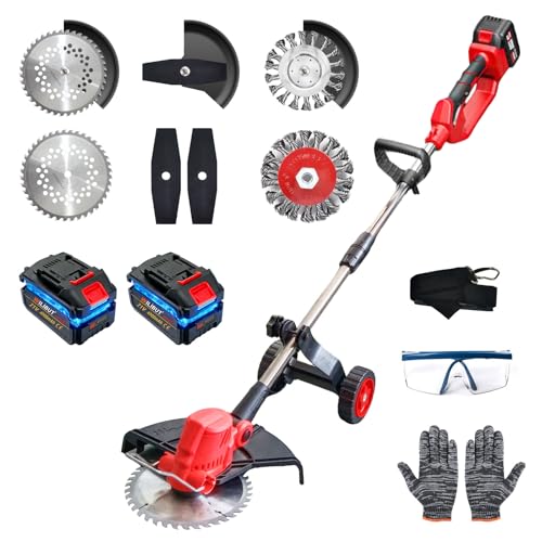 WILIBUT Electric Weed Wacker with Wheel, 3-in-1 Brushless Brush Cutter/String Trimmer/Grass Trimmer/Lawn Mower, 9' Cordless Weed Eater Battery Powered, 2 * 4000mAh Battery, 4 Blade and Charger