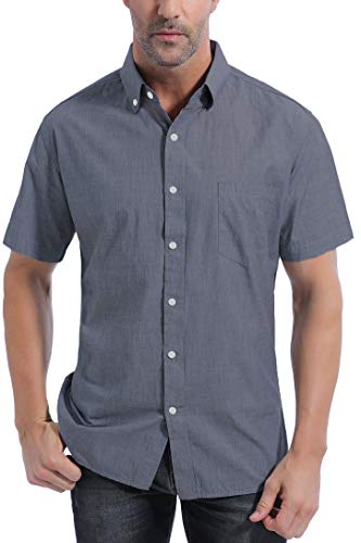 COEVALS CLUB Lightweight Breathable Mens Short Sleeve Cotton Button Down Woven Shirt Regular Fit (#12 Dark Gray,S)