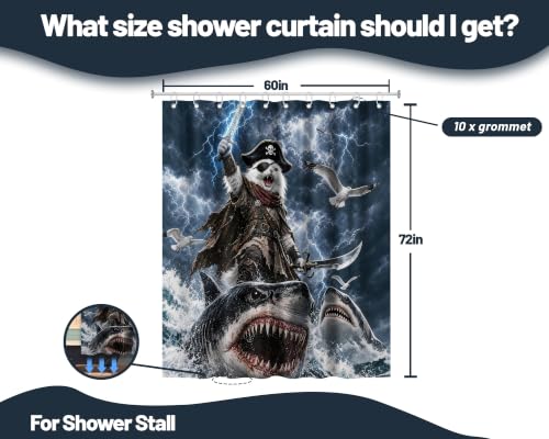 Image of Funny Cat Riding Shark Shower Curtain for Bathroom, 60x72in, Kids
