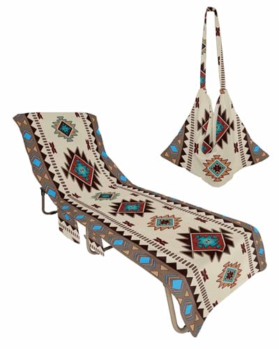 Western Southwest Beach Pool Patio Lounge Chaise Chair Cover Towel with Pockets,Absorbent & Quick Dry Microfiber Towel Cover Bag Summer Travel Accessories for Sunbathing Indian Ethnic Abstract Boho