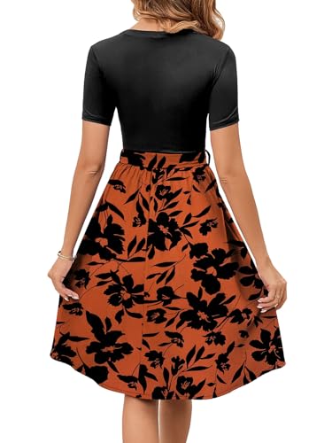 Image of Women's Elegant Vintage Round Neck Short Sleeve Summer Casual Work Party A-Line Dress with Belt 809