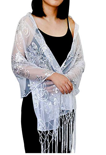 L'vow Women's Glittering 1920S Scarf Mesh Sequin Wedding Cape Fringed Evening Shawl Wrap(Silver) #TOP6