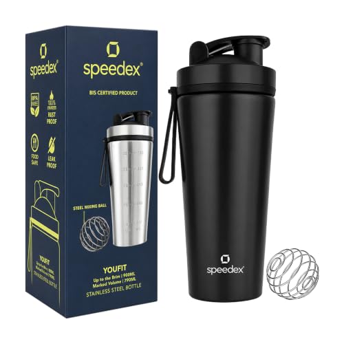 Image of Speedex YouFit Stainless Steel Gym Shaker Bottle 750ml with Mixing Ball | Leakproof Protein Shaker for Gym, Wide Mouth, Measurement Markings, Carry Loop Flip Cap | Metal Shaker for Men & Women - Black