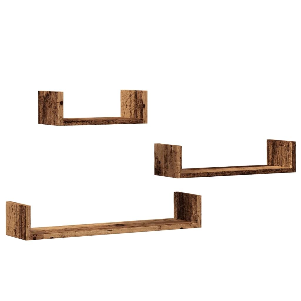 Set di 3 Mensole a Parete in Legno Antico Truciolato, Dimensioni 30-60cm, Stabili Durevoli e Salvaspazio, per Decorare Pareti in Bagno Cucina Soggiorno
