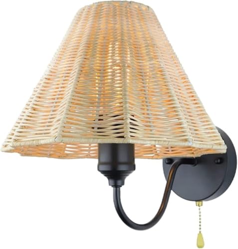 Aplique de pared retro bohemio con pantalla de ratán natural, lámpara de pared E27 con interruptor de tiro, lámpara de pared rústica para mesita de noche, dormitorio, sala de estar, pasillo, lámpara d