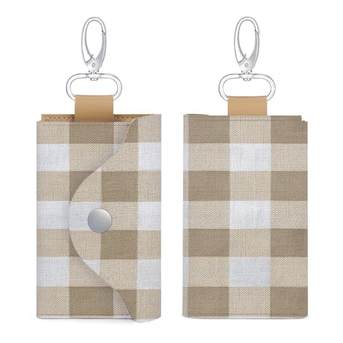 Beige White Fabric Check Pattern Key Holder Bag PU Leather ID Card Holder Keychains Case Cover for Men Women3