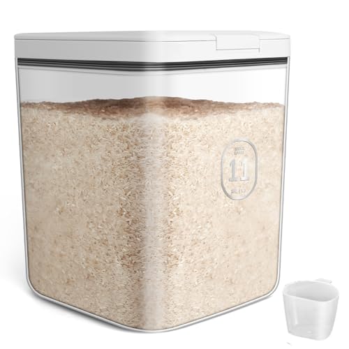 Rice Storage Container 10kg, Flour Container with Measuring Cup, Airtight Dry Food Storage Container 11 Litres, Kitchen Cereal Dispenser Plastic, Pantry Container for Pasta, Rice, Flour, Cereal