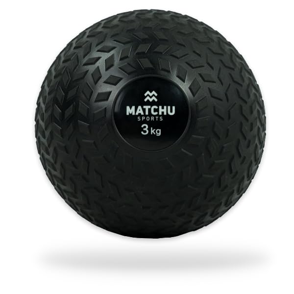 MATCHU - Slam Ball - Balón Medicinal - Disponible en 3, 6, 9 y 12 KG - Relleno de Arena - No Rebota - Agarre Extra - Goma - Negro - (3 KG)