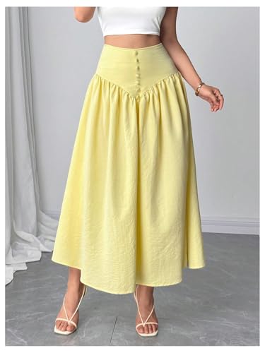 MakeMeChic Women's Linen Skirt High Waist Button Ruffle Hem A Line Flowy Maxi Skirts4