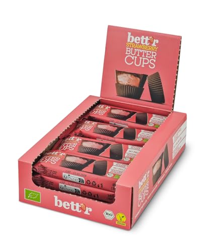 Bett’r Bio Tazas de Mantequilla de Frutos Secos con Crema de Fresa - 100% Veganas, Orgánicas y sin Aceite de Palma - 12 x 39 g
