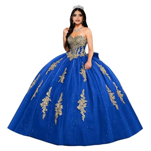 Gold Lace Appliques Quinceanera Dresses Puffy Strapless Tulle Prom Dresses Glitter Beaded Ball Gown with Bow