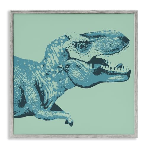 Roaring T Rex Vintage Stamp Dinosaur, 12 x 12 Inch Framed Giclée Print