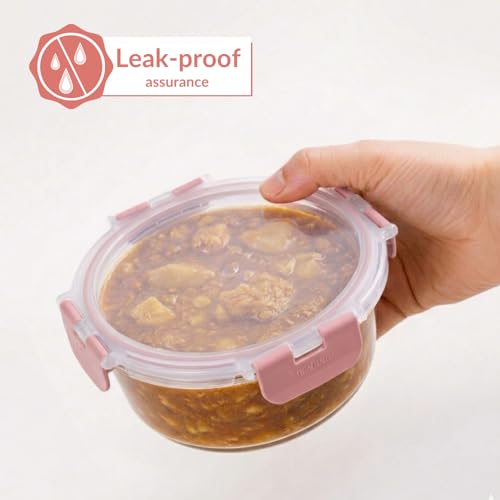 Image of Nestasia Nestro Airtight Glass Containers with Lid Set of 3 (215ml, 400ml, 600ml) | Spill Proof Round Glass Containers with Break Free Lock - Microwave, Dishwasher & Freezer Safe (Mauve)
