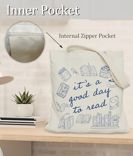 Image of Book Lovers Gifts Tote Bag for Bookish Readers, Aesthetic Book Tote Bag for Librarian, Medium Size with Inner Pocket