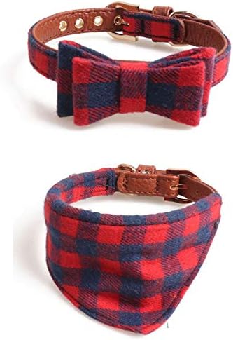 Fourhorse Small Dog and Cat Collars with Cute Flowers Bandana, Adjustable Buckle Soft and Comfortable (S, red Grid)