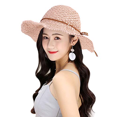 Women Wide Brim Straw Hat Floppy Summer Beach Bucket with Bowknot Adjustable Outdoor Sun Cap Foldable UV Protection Headwear
