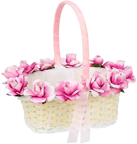 Elegante Cesta Artesanal para Arras Decorativa, Pétalos o Anillos de Boda con Flores Rosas. Complementos. Regalos Originales. Detalles de Bodas, Comuniones, Bautizos. CC