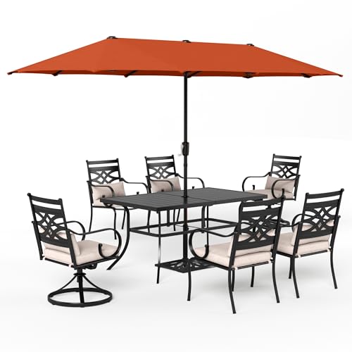 Sophia & William Patio Dining Set for 6 | 13ft Patio Umbrella Red | 4 Fixed Chairs | 2 Swivel Patio Dining Chairs | Removable Seat Cushions | Black 59" Patio Dining Table