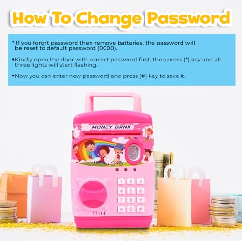 Image of Wembley Finger Print Sensor ATM Piggy Bank for Kids Girl Boys Gullak for Money Bank with Password & Music Auto Scroll Money Saving Box with Coin Cash Slot Gifts for Kids - Pink