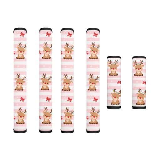 Image of Christmas Refrigerator Door Handle Covers Set of 6 Kitchen Electrical Appliances Handle Protector Anti-Slip Fridge Microwave Oven Home Accessories, Cute Reindeer Pink White Stripes