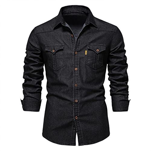Men's Solid Color Long-Sleeved Denim Shirt Simple Lapel Workwear Top Jacket