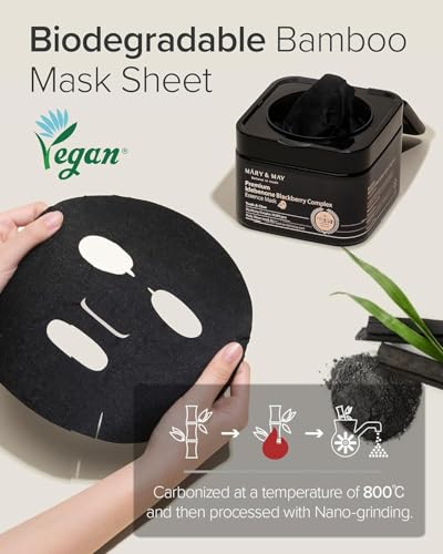 Image of Mary&May Idebenone Blackberry Essence Mask, Bamboo Charcoal, 20 Sheets | Premium Korean antioxidant mask, 500ppm idebenone, 63% berry, 6 peptides, stable vitamin C, niacinamide & ceramide, pull-out