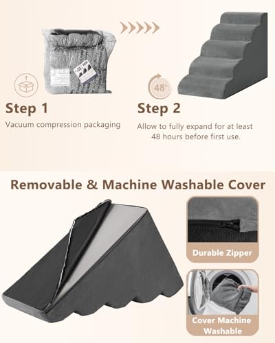 Image of Aodisman Dog Stairs for High Beds,5 Step Pet Ramp for Dogs and Cats,22.4 inch H | High-density foam dog steps for beds and window sills, with a non-slip bottom for puppy and older cat,comfortable,Grey