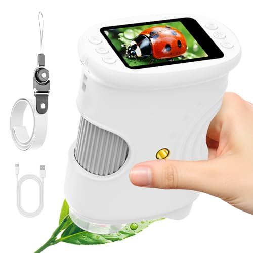 Microscope Numérique Portable pour Enfants avec Écran IPS 2.0 Pouces, Rechargeable, 8 Lumières LED Réglables, Stockage de Photos Intégré, 200X Mini Scope de Poche Cadeaux Éducatifs pour 4-12 Ans-Blanc