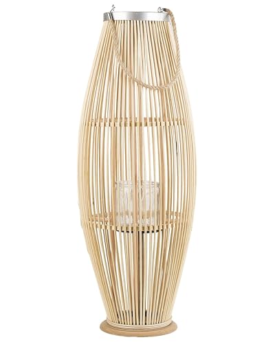 Bambusholz Deko Laterne Heller Holzfarbtone/Natural Flechtoptik Windlicht mit Glaseinsatz Retro Gartenlaterne Kerzenhalter Kerzenständer 84 cm Tahiti