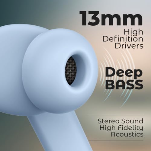 Image of pTron Bassbuds Bliss TWS Ear Buds w / 4 QuadPro Mics, 3D Audioscape, AI-ENC Calls, 40H Playtime, 50Ms Low-Latency Game /Music Modes, BTv5.3, Type C Fast Charging & IPX5 Water Resistant (Sky)