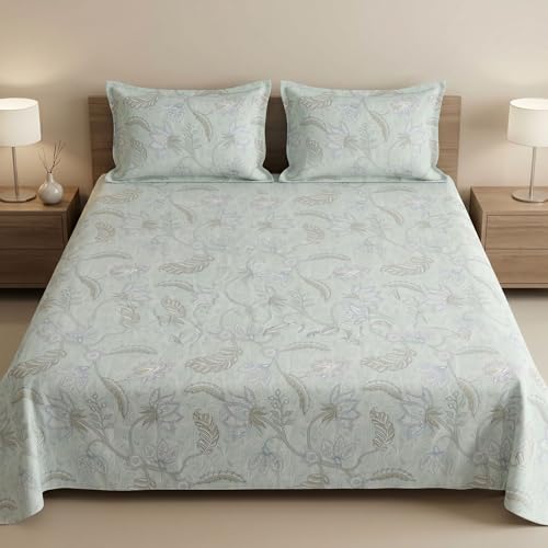 Image of Mafatlal 186 TC Metro Cotton Double Bedsheet | 90 x 100 Inch | Breathable Cotton Bed Sheet with 2 Pillow Covers | Stylish Home Linen | Emerald Teal