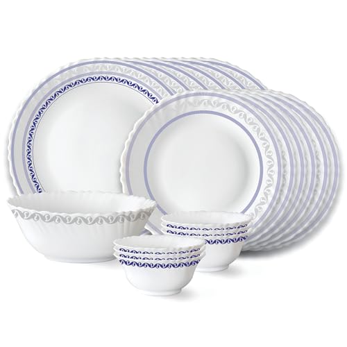 Image of Larah by Borosil Jazzblue Fluted Series Opalware Dinner Set | 19 Pieces for Family of 6 | Microwave & Dishwasher Safe | Bone-Ash Free | Crockery Set for Dining & Gifting | Plates & Bowls | White